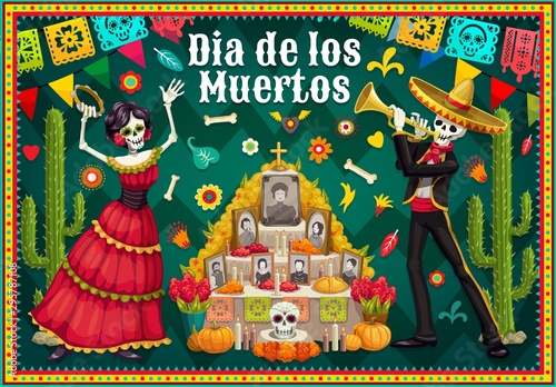 Catrina and skeleton near Day of the Dead altar