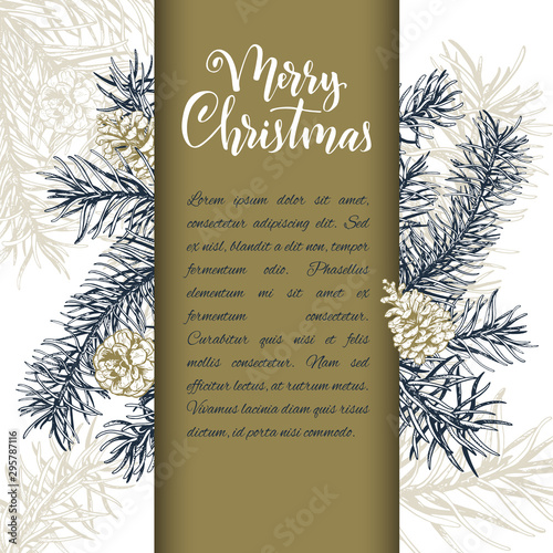 Christmas sketch hand drawn illustration with pine tree branches and cones.Vector illustration for your design. Template greeting card with pine tree branches. Engraved style illustration.