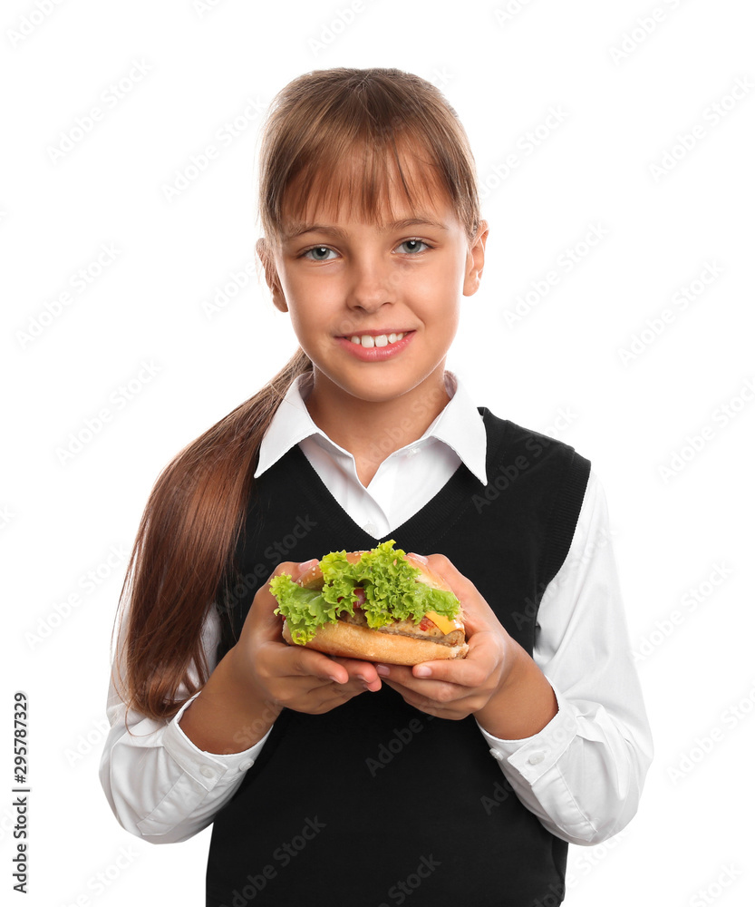 Happy girl holding burger on white background. Healthy food for school lunch Happy girl holding burger on white background. Healthy food for school lunch