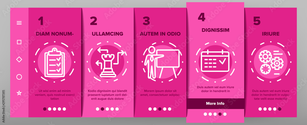 Planning Onboarding Mobile App Page Screen Vector Icons Set Thin Line. Chess Figures And Presentation, Mechanism Gears And Presenting Strategic Planning Linear Pictograms. Contour Illustrations