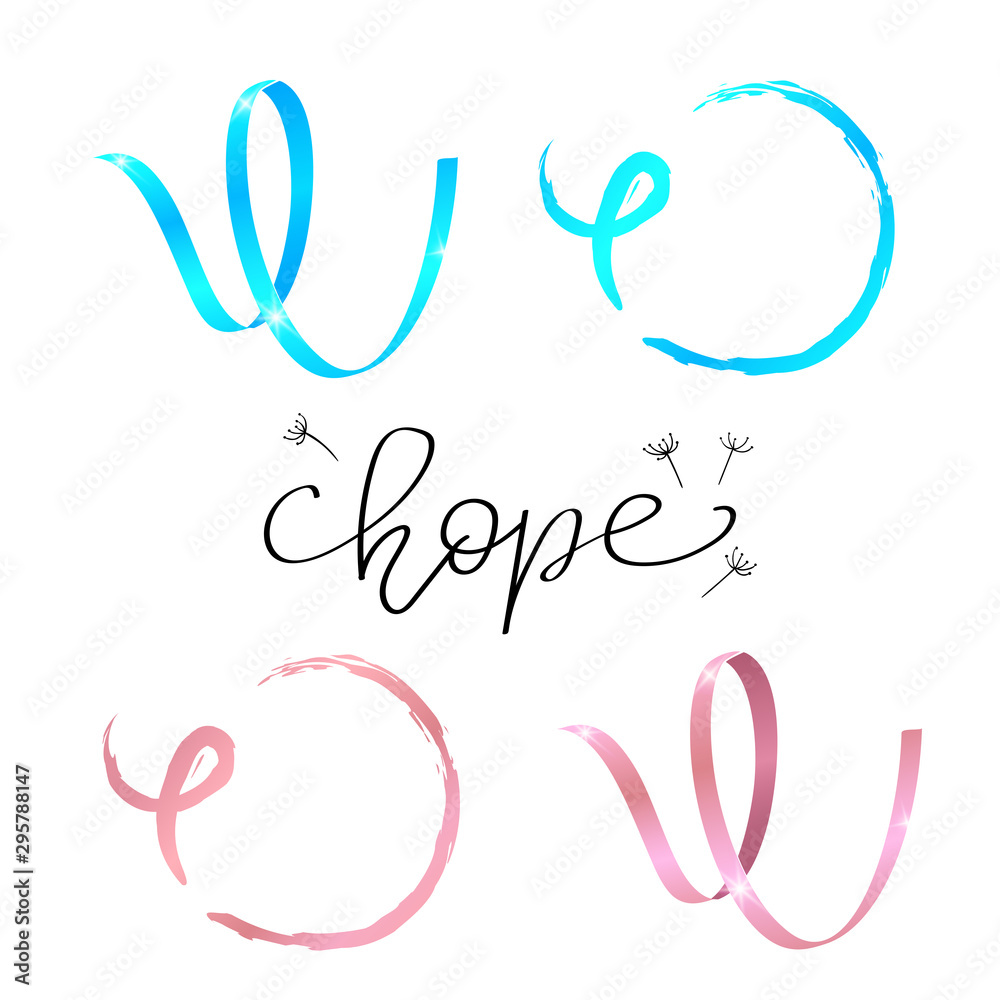 Hope lettering. Awareness Calligraphy Poster Design. watercolor and Realistic Light Blue and Pink Ribbon