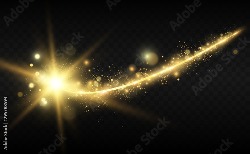Beautiful golden vector illustration of a star on a translucent background with gold dust and glitters. A magnificent light base for your design.