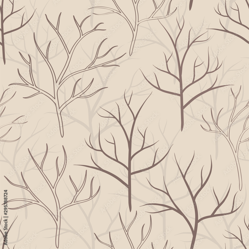 Seamless pattern of tree branches silhouette and outlines