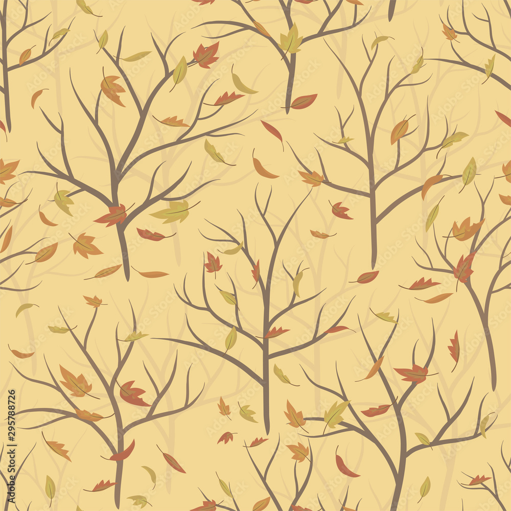 Seamless pattern of autumn tree branches and falling leaves