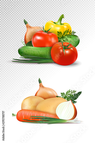 Vector realistic fresh ripe vegetables sets isolated on transparent background, 3d illustration, Tomato, paprika, cucumber, onion, carrot, potato.