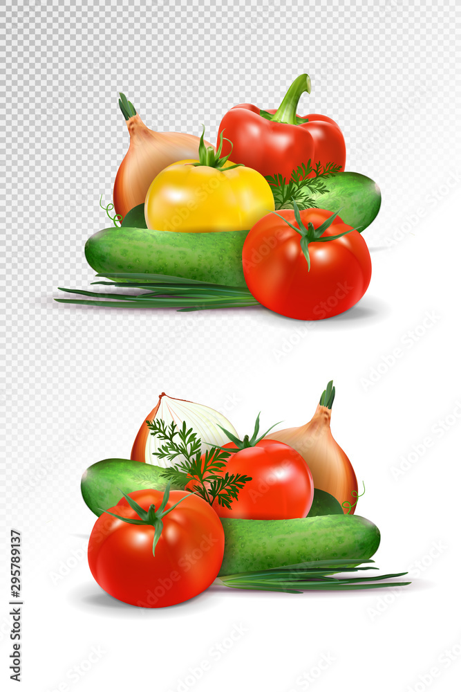 Vector realistic fresh ripe vegetables sets isolated on transparent background, 3d illustration, Tomato, paprika, cucumber, onion, carrot, potato. Vector realistic fresh ripe vegetables sets isolated on transparent background, 3d illustration, Tomato, paprika, cucumber, onion, carrot, potato.