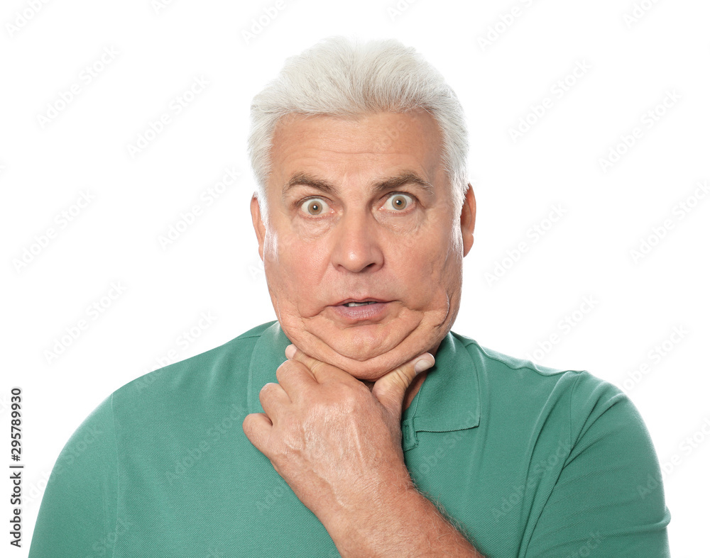 Emotional mature man with double chin on white background Emotional mature man with double chin on white background