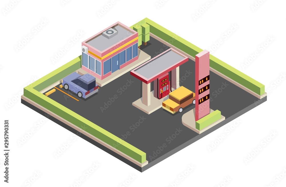 isometric gas station, car, parking lot convenience store, vector illustration