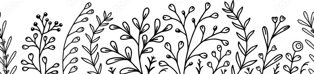Horizontal seamless pattern in rustic style. Contour illustration with isolated elements. Abstract natural banner on white. Outline plants and flowers. Hand drawn vector floral border template Horizontal seamless pattern in rustic style. Contour illustration with isolated elements. Abstract natural banner on white. Outline plants and flowers. Hand drawn vector floral border template