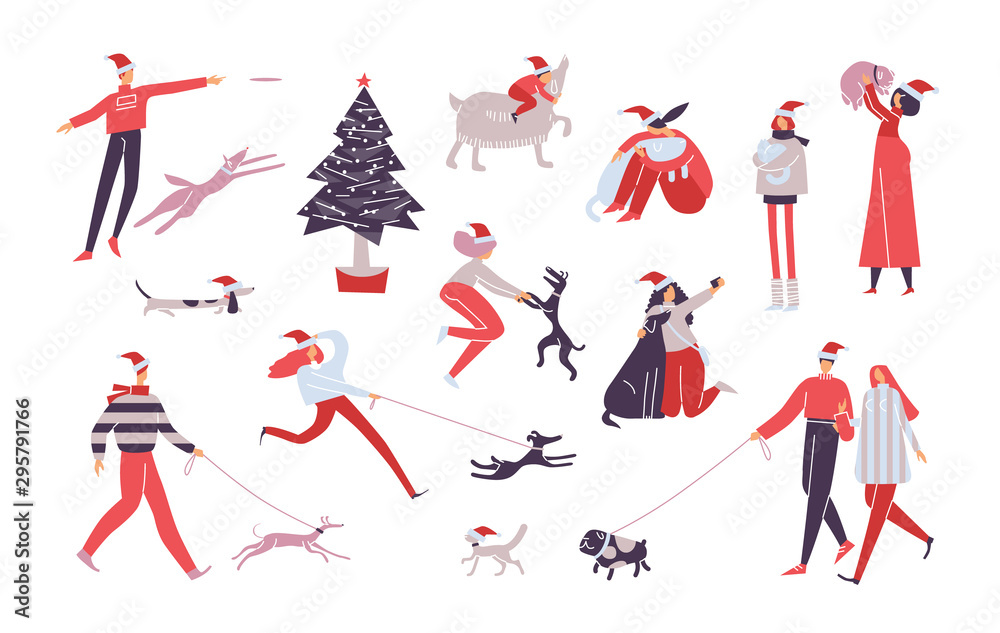 Pet owners set. Young people hug, play, with animals. Collection of Happy friends enjoy outdoor. Company celebrates new year. Party around Christmas tree. Holiday vector illustration isolated on white Pet owners set. Young people hug, play, with animals. Collection of Happy friends enjoy outdoor. Company celebrates new year. Party around Christmas tree. Holiday vector illustration isolated on white
