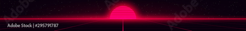 Retrowave style illustration of red glowing setting sun on laser grid with VHS effect on starry space background. Design for banner.