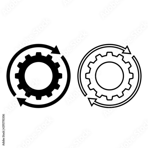 Rotating cogwheel or gear icon. Moving cogs with circular arrows. Vector Illustration