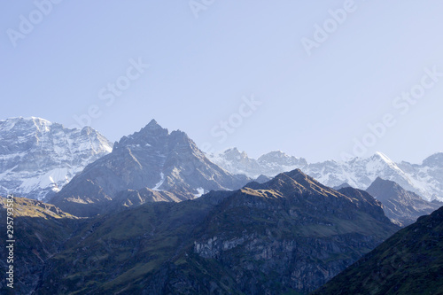 Landscape with snow mountains. Travel  alpinism concept. Copy space