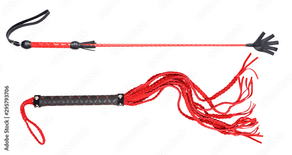 Collage of leather black and red whips for sex games. Collage of leather black and red whips for sex games.