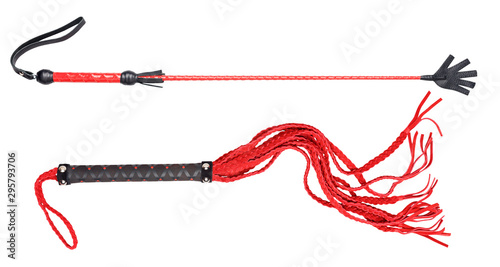 Collage of leather black and red whips for sex games.