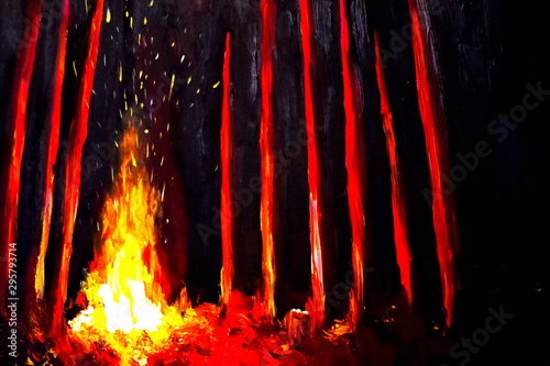 Bonfire in the night forest oil painting. Handmade painting.