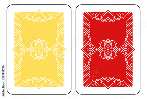 A playing card Reverse Back in yellow and red from a new modern original complete full deck design. Standard poker size.