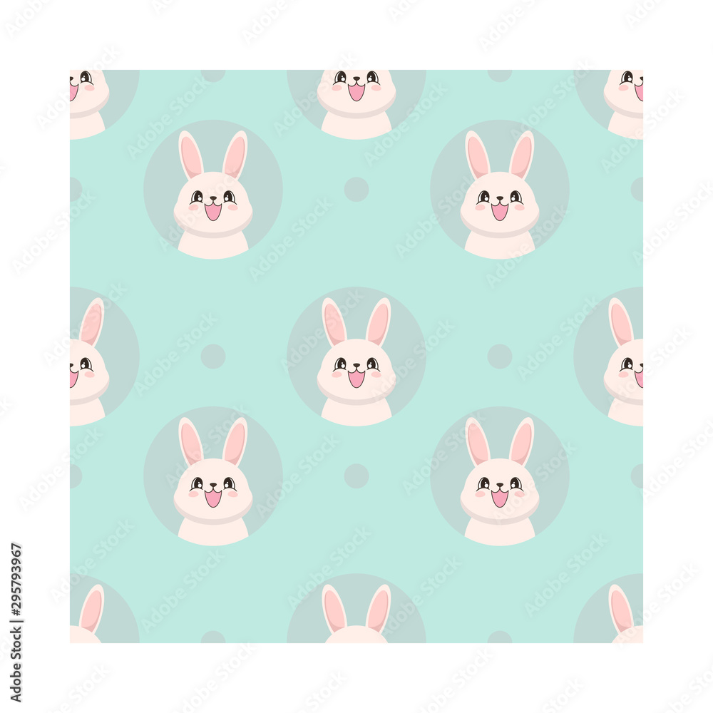 Seamless pattern with a cute white bunny in cartoon style. Vector illustration