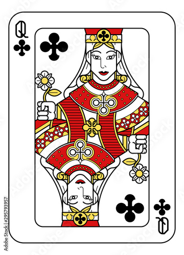 A playing card Queen of Clubs in red, yellow and black from a new modern original complete full deck design. Standard poker size