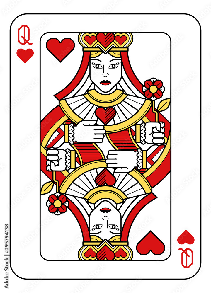 A playing card Queen of hearts in red, yellow and black from a new ...
