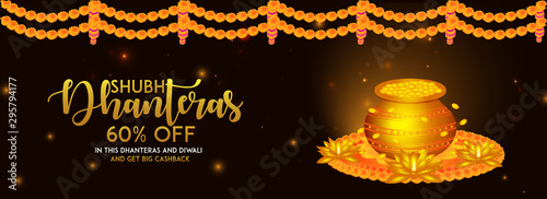 illustration of burning golden lotus lamp on Happy Diwali, Dhanteras Holiday background with flowers for light festival of India_Vector, Illustration