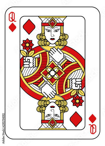 A playing card Queen of Diamonds in red, yellow and black from a new modern original complete full deck design. Standard poker size.
