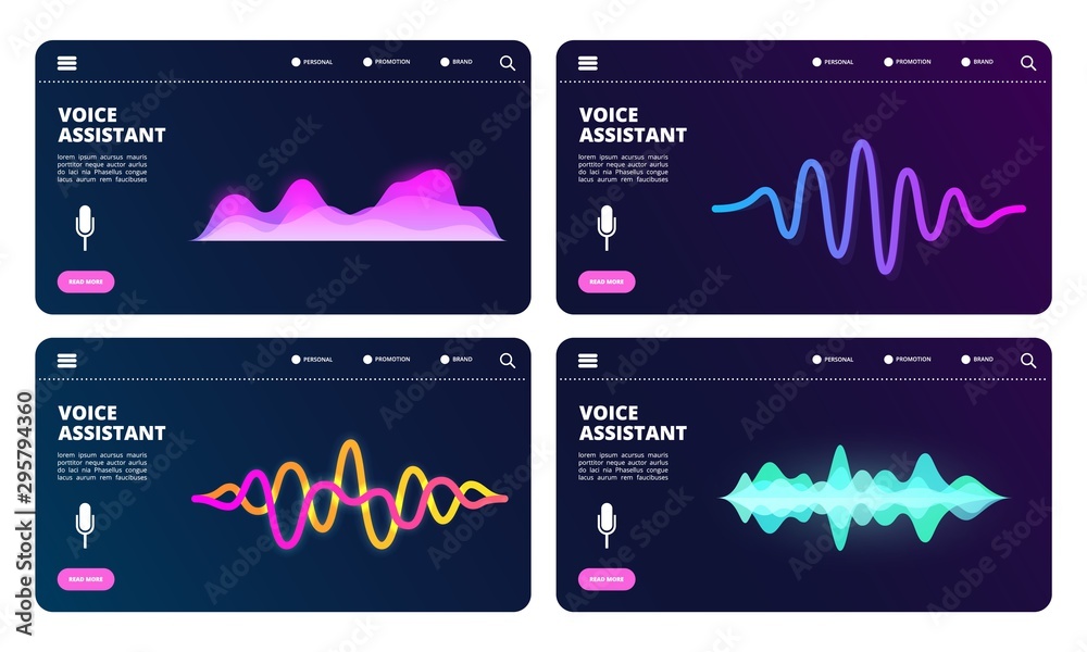 Audio assistant landing page. Vector voice personal assistant web banners with sound waves. Illustration voice assistant, audio digital recognition