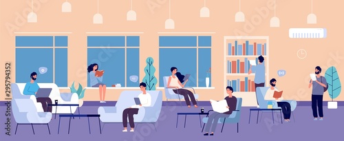 Co-working space. People working laptops, reading books vector illustration. Open space concept. Workplace coworking, workspace freelancer office