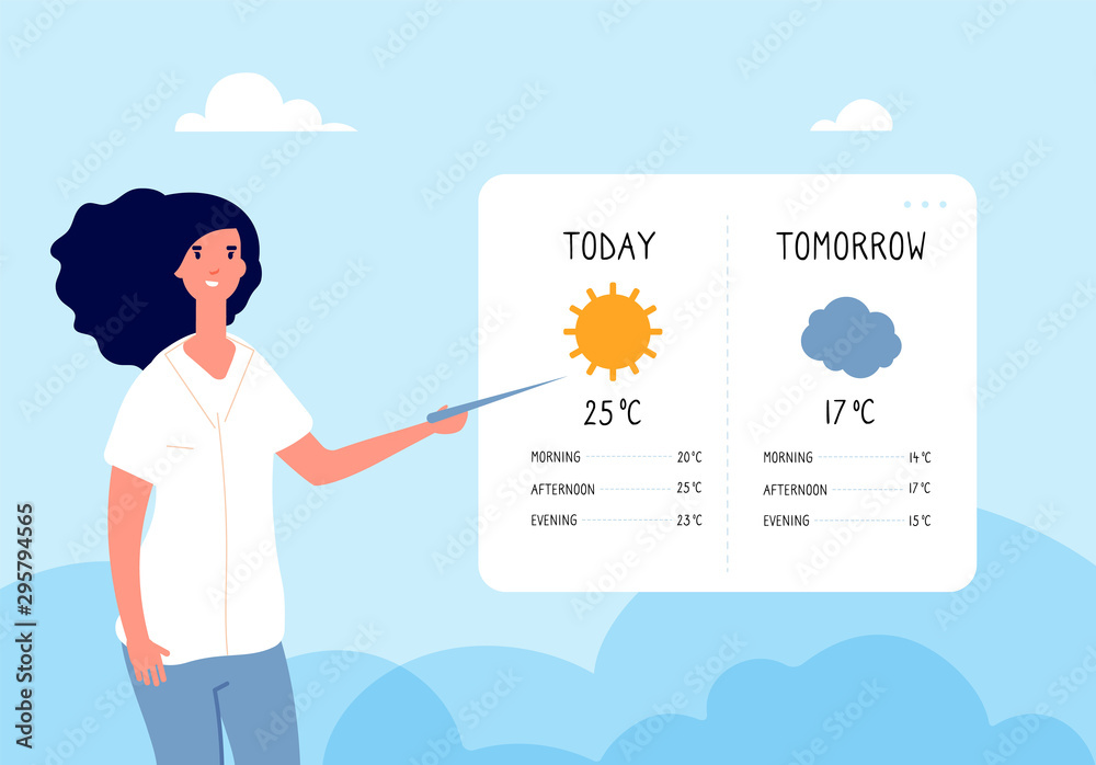 Weather forecast concept. Woman forecasting weather in tv news. Vector flat illustration. Forecast weather, meteorology and climate - obrazy, fototapety, plakaty 
