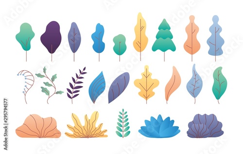 Flat minimal leaves. Simple deciduous and coniferous trees  branches and bushes. Trendy flat plant and tropical foliage vector set. Bush and branch  nature tree colored style illustration