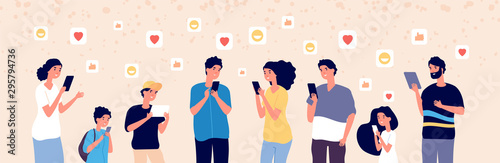 People chatting online. Adult and kids with gadgets in social media always adding followers. Internet addiction vector concept. Illustration online woman, man and kids with device