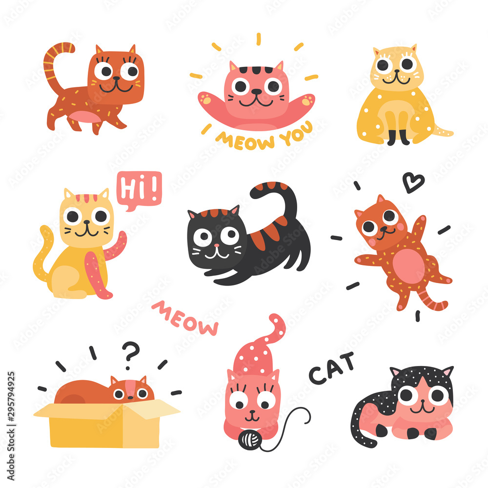 Cartoon cats. Funny kittens of different colors, funny lazy cat characters. Lovely playful pets, home animals vector set. Lazy cat, pet kitten, sleepy and playful illustration