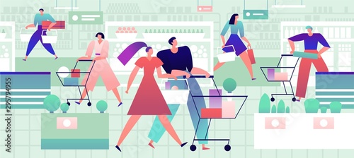 People in grocery store. Men and women with shopping carts and bags buy food products in supermarket. Retail vector concept. Supermarket and grocery retail, man and woman with cart illustration