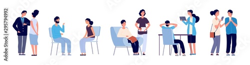 Communication concept. Conference people. Vector flat characters, discussing persons with phone, books, tablets. Communication people, office discussion community illustration