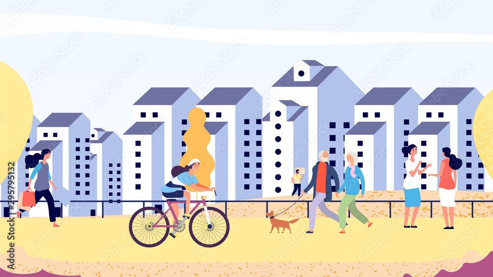 Autumn city street. Happy people in new district vector illustration. Autumn walk, flat men women couples. Autumn city with people ride and walk