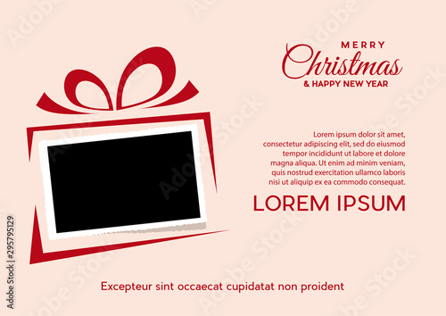 Christmas and background with photo, blank frame. Vector template with picture to insert