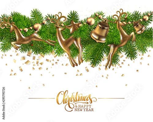 Merry Christmas and a happy New Year.  Green garland on a white backgroundt. High detailed realistic illustration. photo