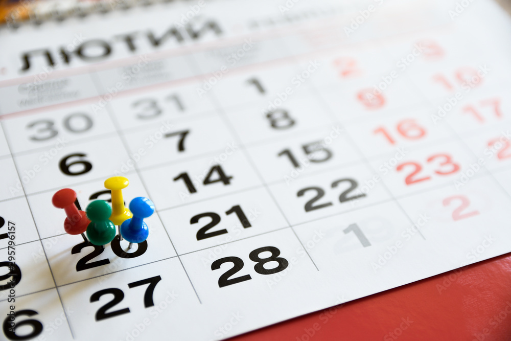 Thumbtack in calendar concept for important date or busy day, appointment and meeting reminder. Pushpin with busy day overworked schedule. Thumbtack in calendar concept for important date or busy day, appointment and meeting reminder. Pushpin with busy day overworked schedule.