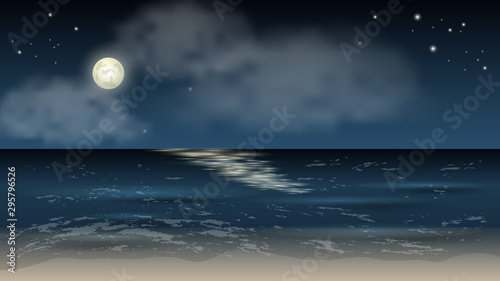 Nighr sea landscape background. Waves, moon, stars and cluods. For cartoon or game scene or wallpapers. Vector illustration