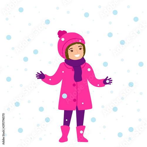 Girl and flying snowflakes. Winter child games. Christmas holidays. Vector flat illustration.