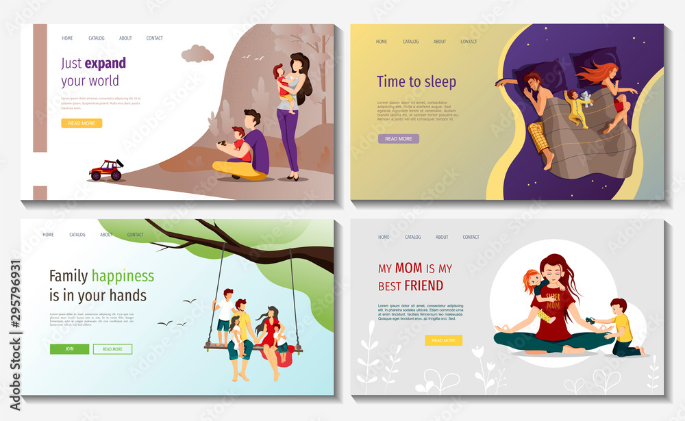 Set of web page design templates for happy family, love, happiness, parenthood, childhood, holidays, values, serenity, outdoor, nature. Perfect for in posters, banners, website developments. - obrazy, fototapety, plakaty 