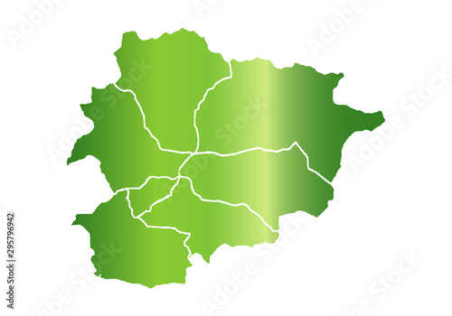 Mapa verde de Andorra sobre fondo blanco.