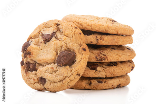 Chocolate chip cookies isolated on white background with shadow.