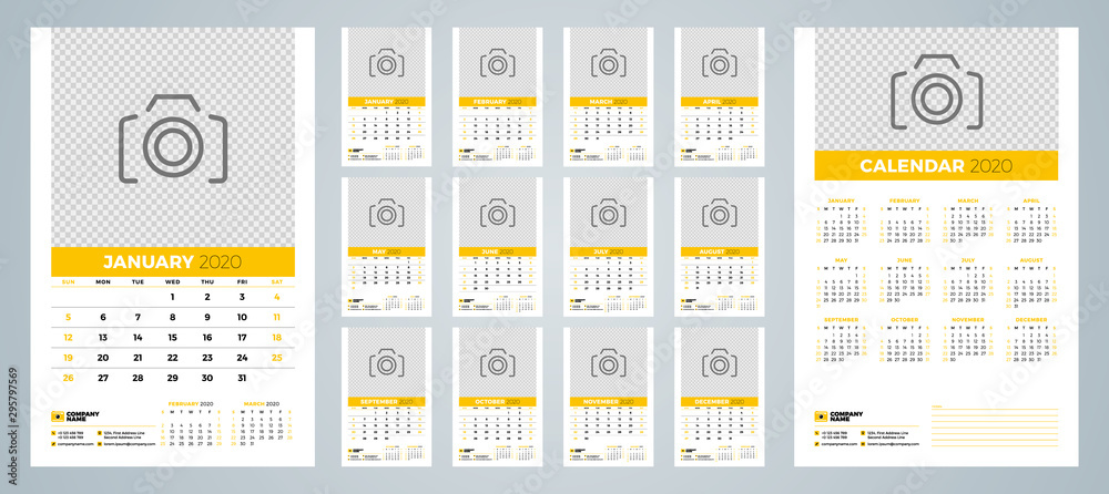 Wall calendar template for 2020 year. Week starts on Sunday. Vector illustration Wall calendar template for 2020 year. Week starts on Sunday. Vector illustration