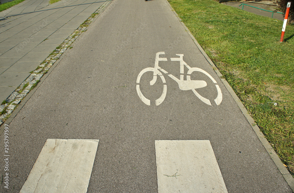 Obraz premium Bicycle pictogram, road marking, bicycle track. City.