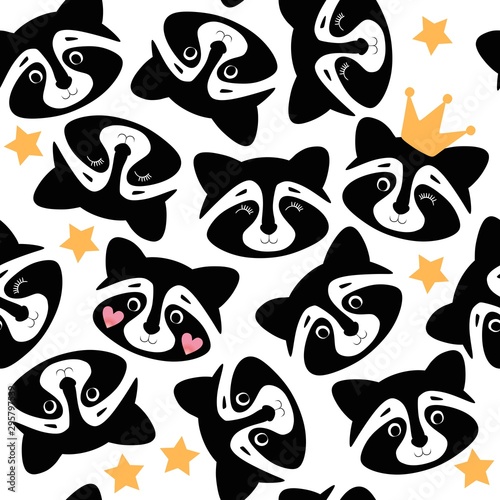 Cute seamless pattern with raccoons on white background. Print for fabric.