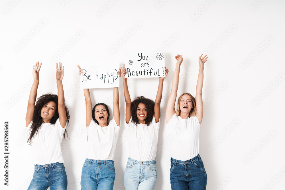 Positive young women multiracial friends - obrazy, fototapety, plakaty 