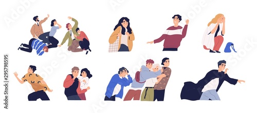 Frightened people flat vector illustrations set. Panic attack  business crisis  anxiety and phobia concept. Trouble emotional reaction  psychology. Terrified young men and women under stress.
