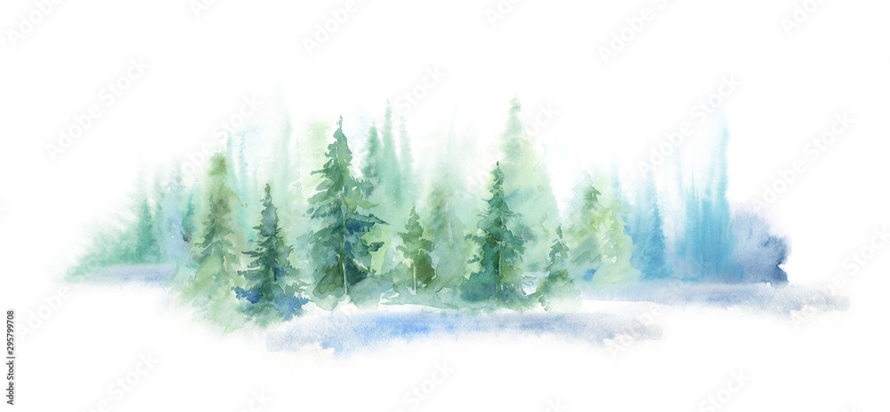 Naklejka premium Green landscape of foggy forest, winter hill. Wild nature, frozen, misty, taiga. watercolor background