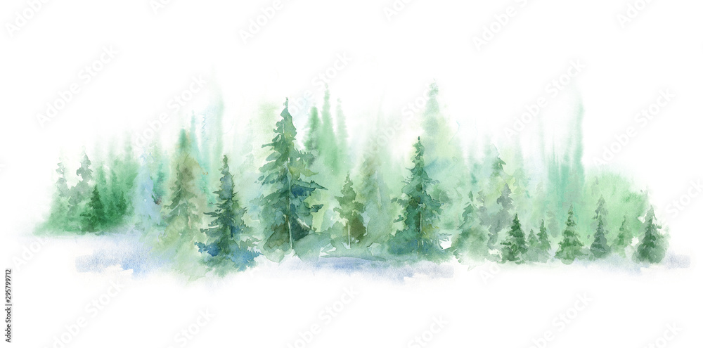 Green landscape of foggy forest, winter hill. Wild nature, frozen, misty, taiga. watercolor horizontal background